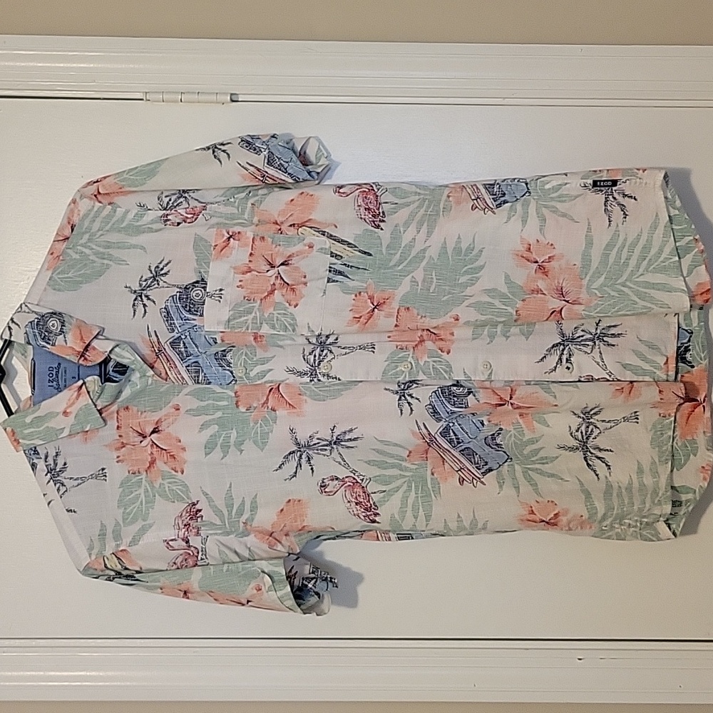 Izod Tropical Print Casual Shirt - Pink and Green